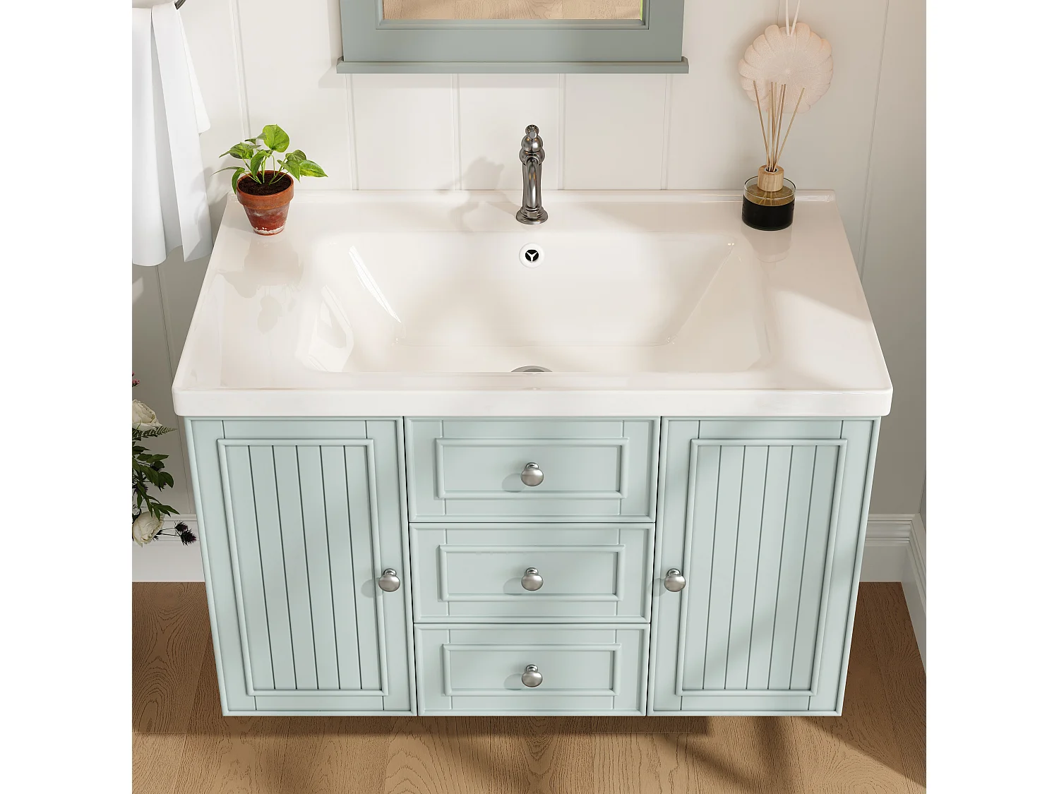 Mobile bagno con lavabo singolo, 2 ante e 3 cassetti, a parete - 78,5 x 46 x 46,8 cm - Ceramica, MDF - Verde