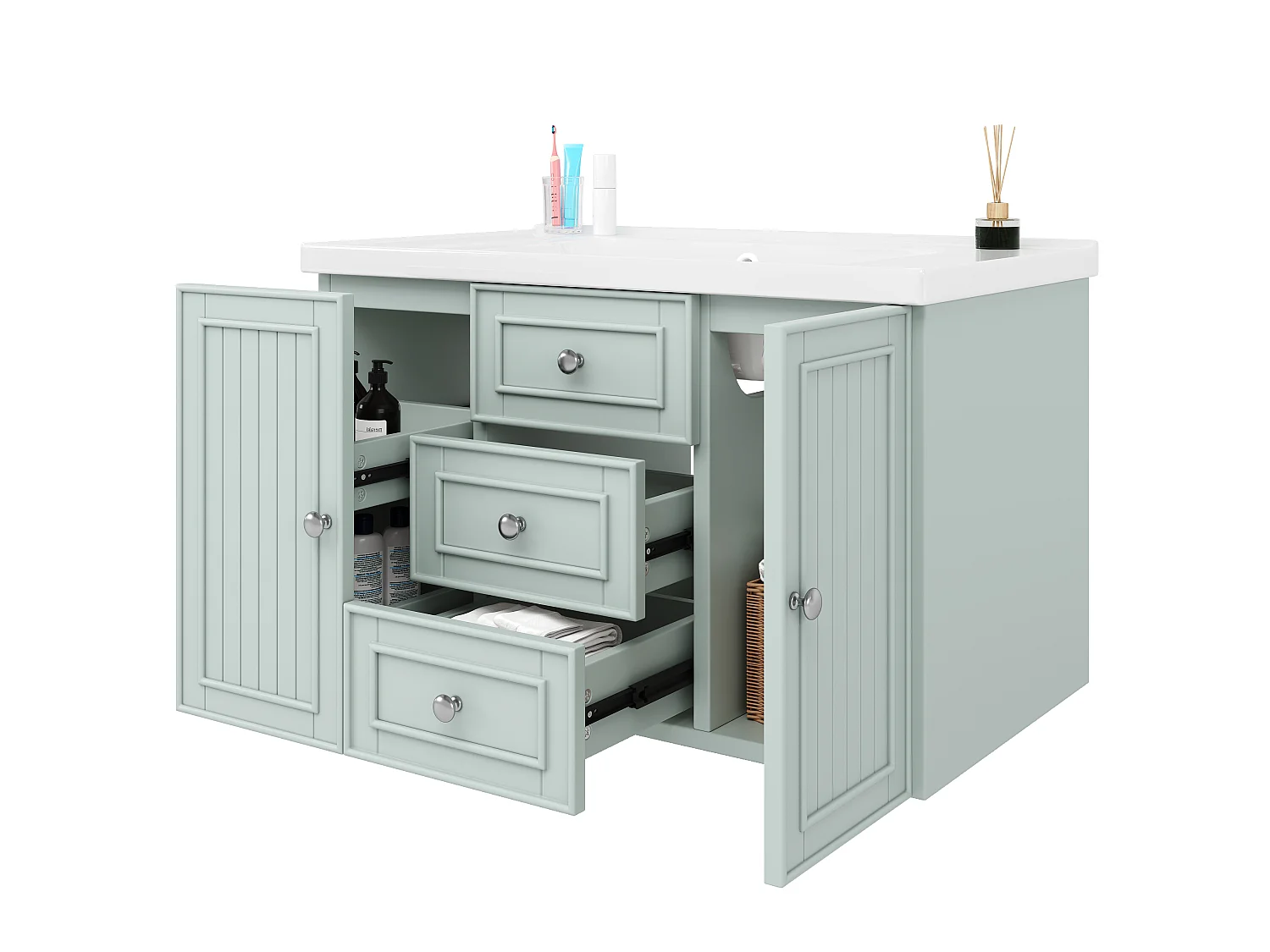 Mobile bagno con lavabo singolo, 2 ante e 3 cassetti, a parete - 78,5 x 46 x 46,8 cm - Ceramica, MDF - Verde