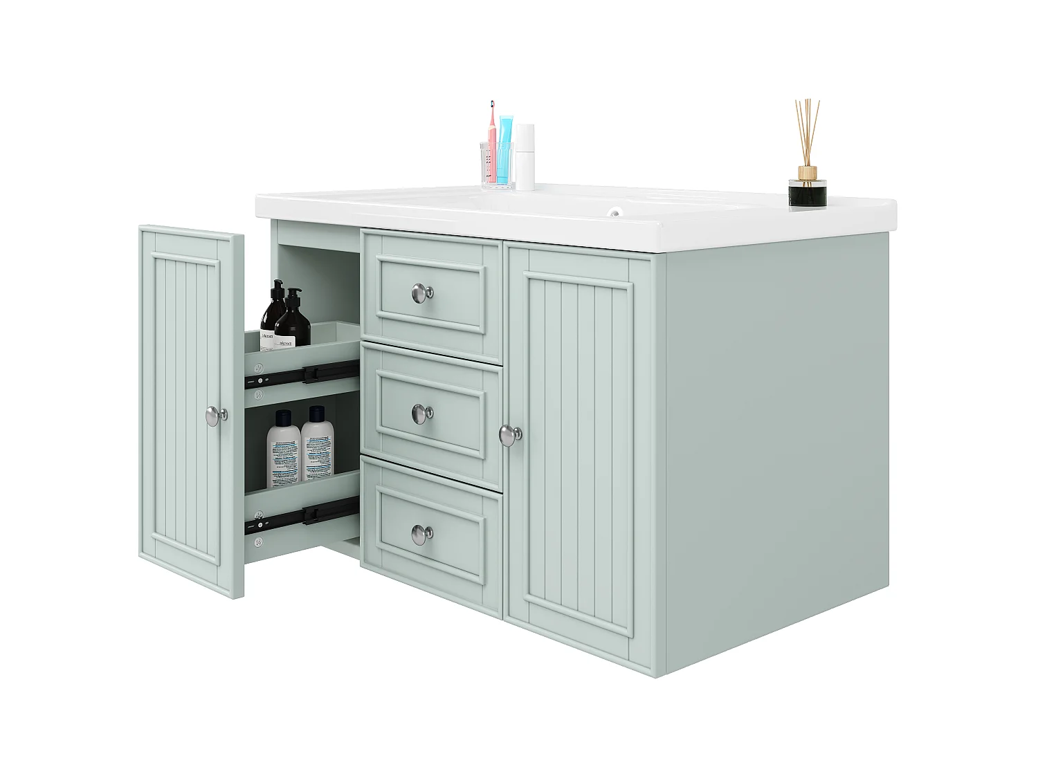 Mobile bagno con lavabo singolo, 2 ante e 3 cassetti, a parete - 78,5 x 46 x 46,8 cm - Ceramica, MDF - Verde