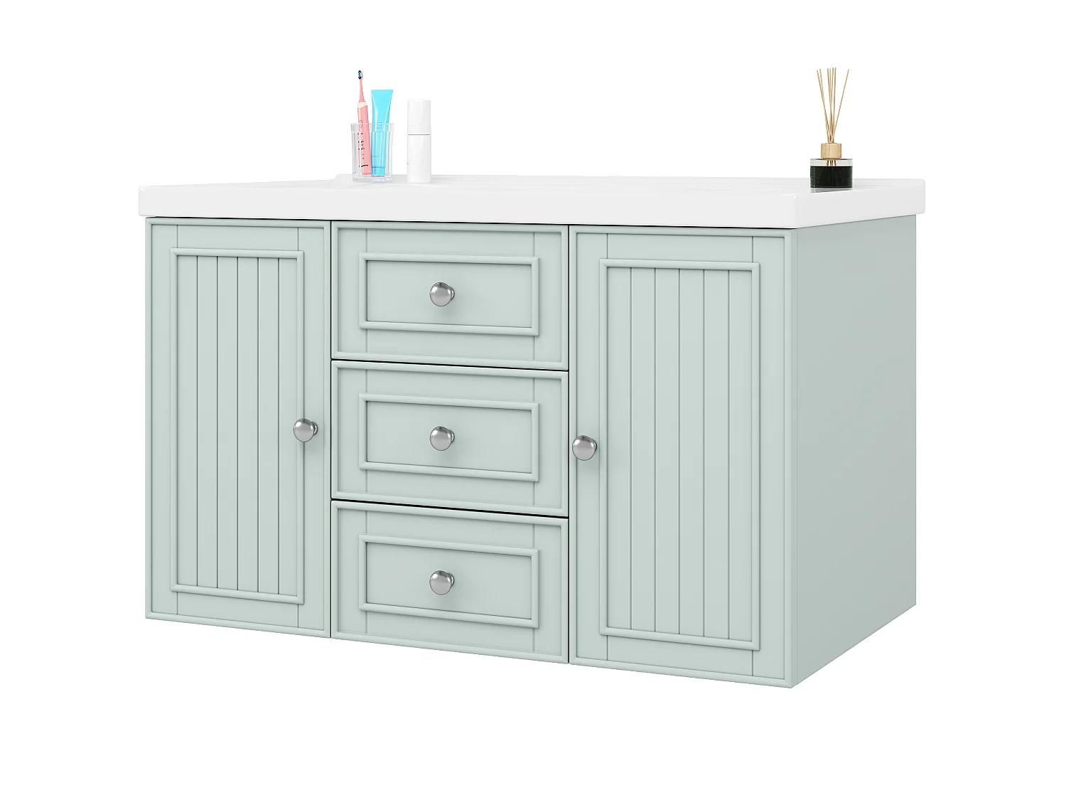 Mobile bagno con lavabo singolo, 2 ante e 3 cassetti, a parete - 78,5 x 46 x 46,8 cm - Ceramica, MDF - Verde