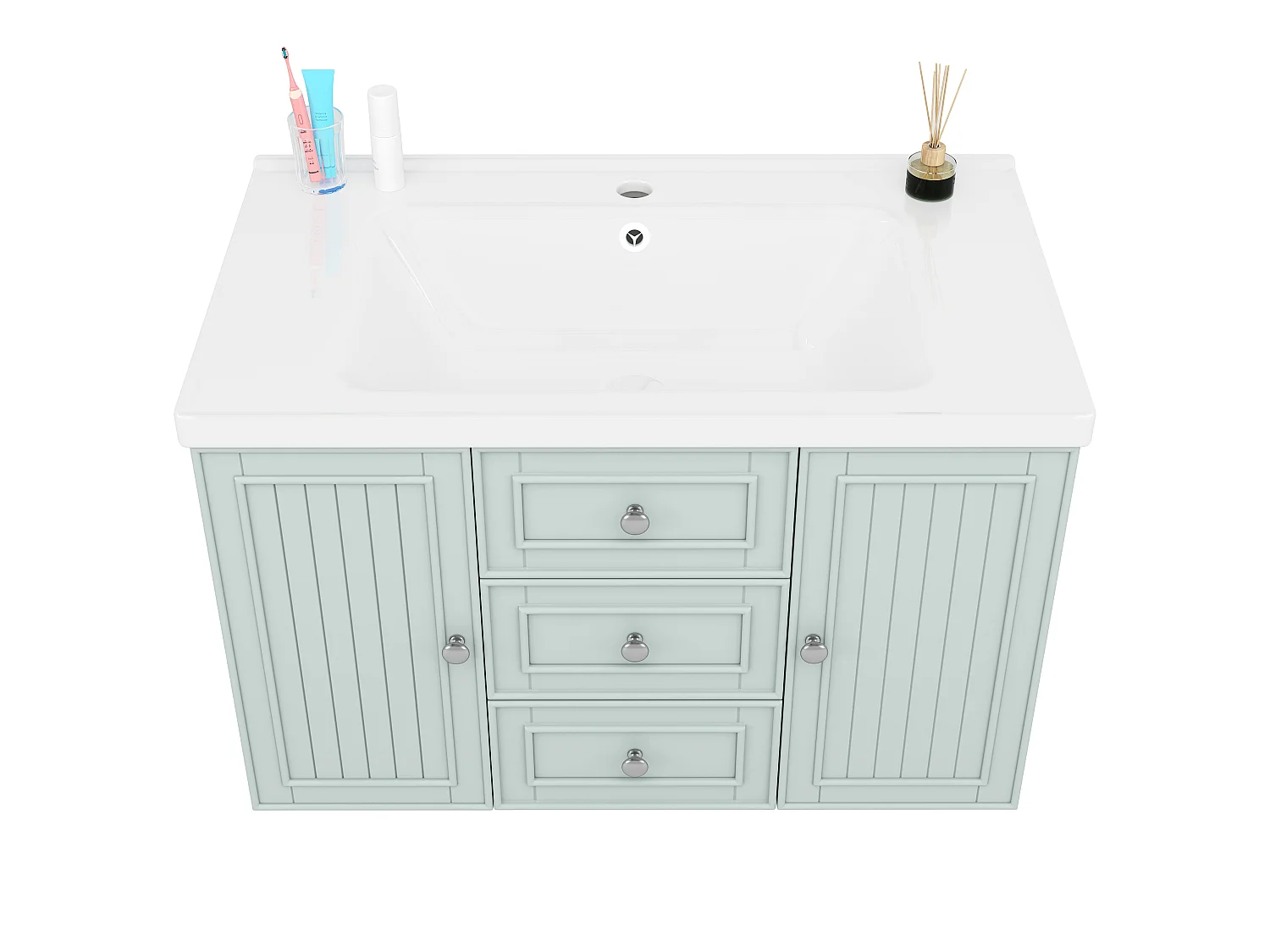 Mobile bagno con lavabo singolo, 2 ante e 3 cassetti, a parete - 78,5 x 46 x 46,8 cm - Ceramica, MDF - Verde
