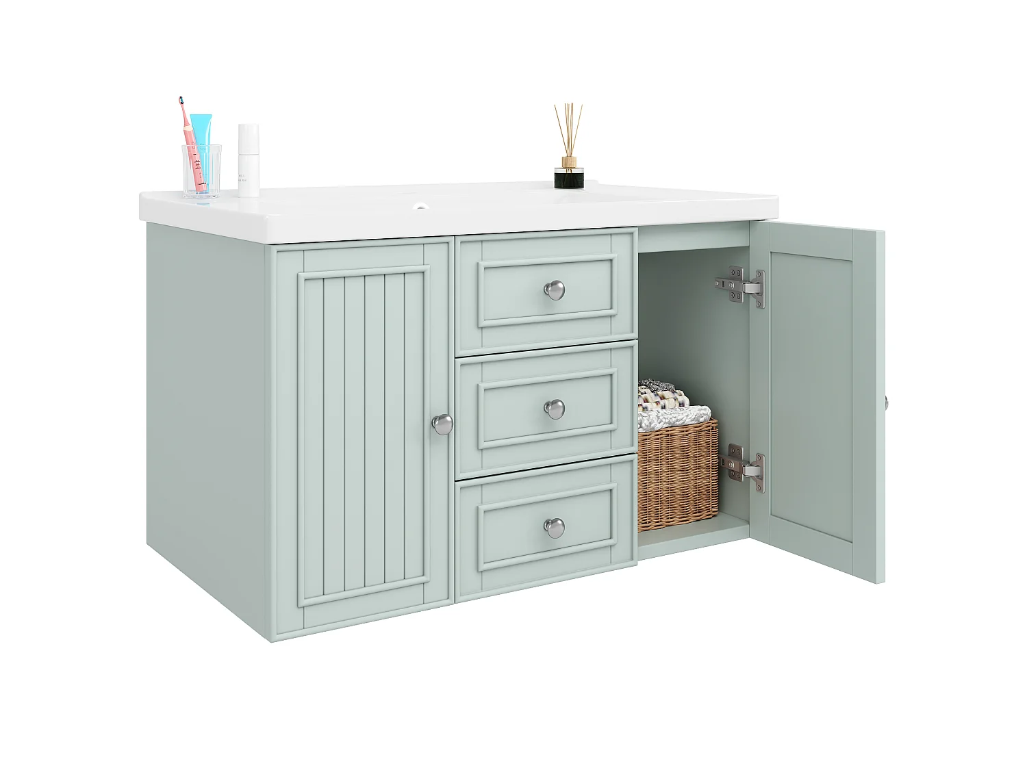 Mobile bagno con lavabo singolo, 2 ante e 3 cassetti, a parete - 78,5 x 46 x 46,8 cm - Ceramica, MDF - Verde
