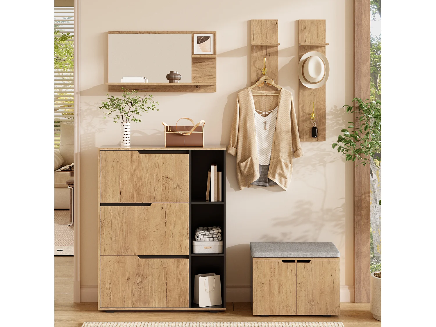 Ensemble vestiaire d'entrée 150x35x161.5cm - avec miroir et meuble à chaussures - banc à chaussures et crochet - Naturel