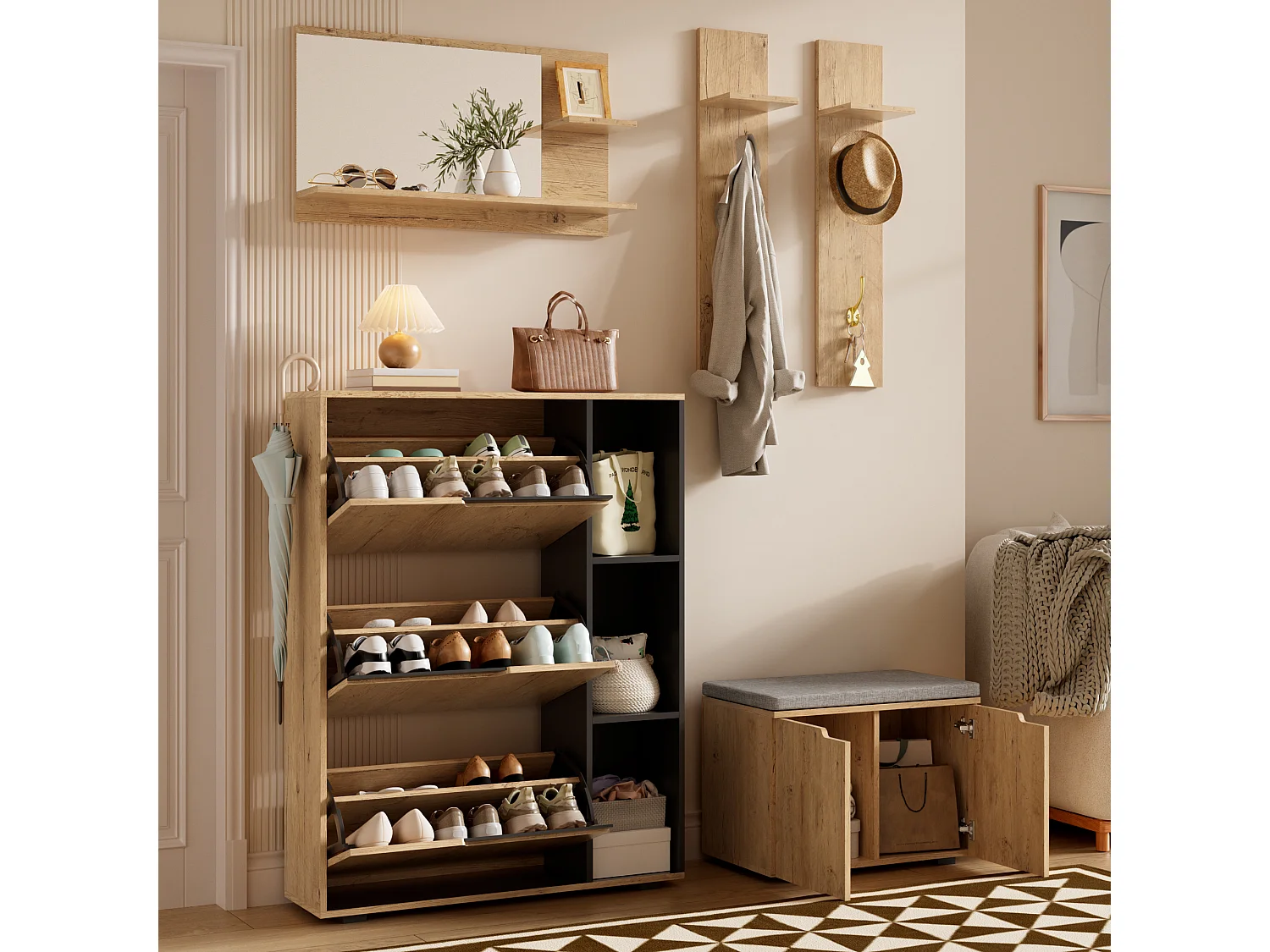 Ensemble vestiaire d'entrée 150x35x161.5cm - avec miroir et meuble à chaussures - banc à chaussures et crochet - Naturel