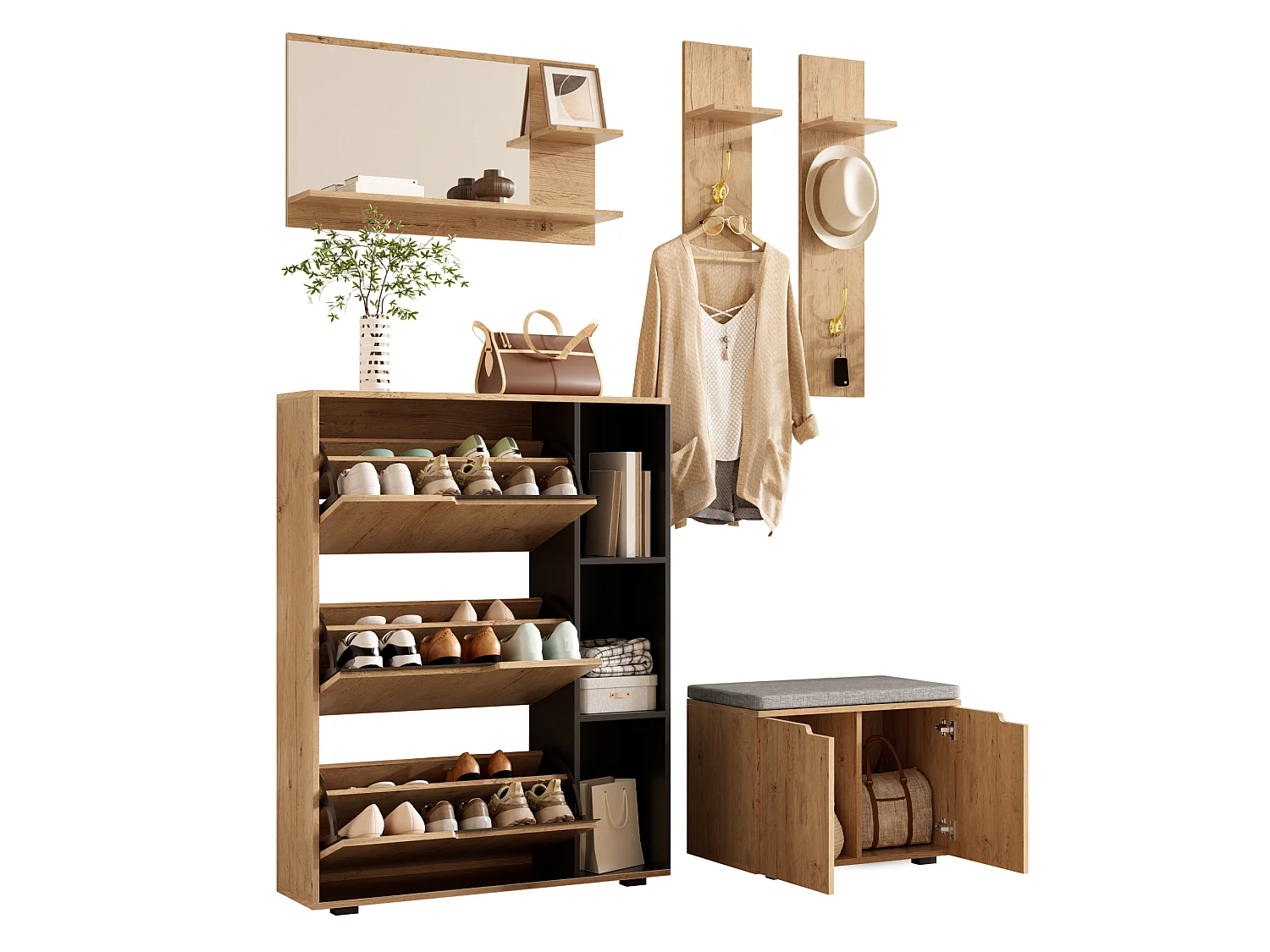 Ensemble vestiaire d'entrée 150x35x161.5cm - avec miroir et meuble à chaussures - banc à chaussures et crochet - Naturel
