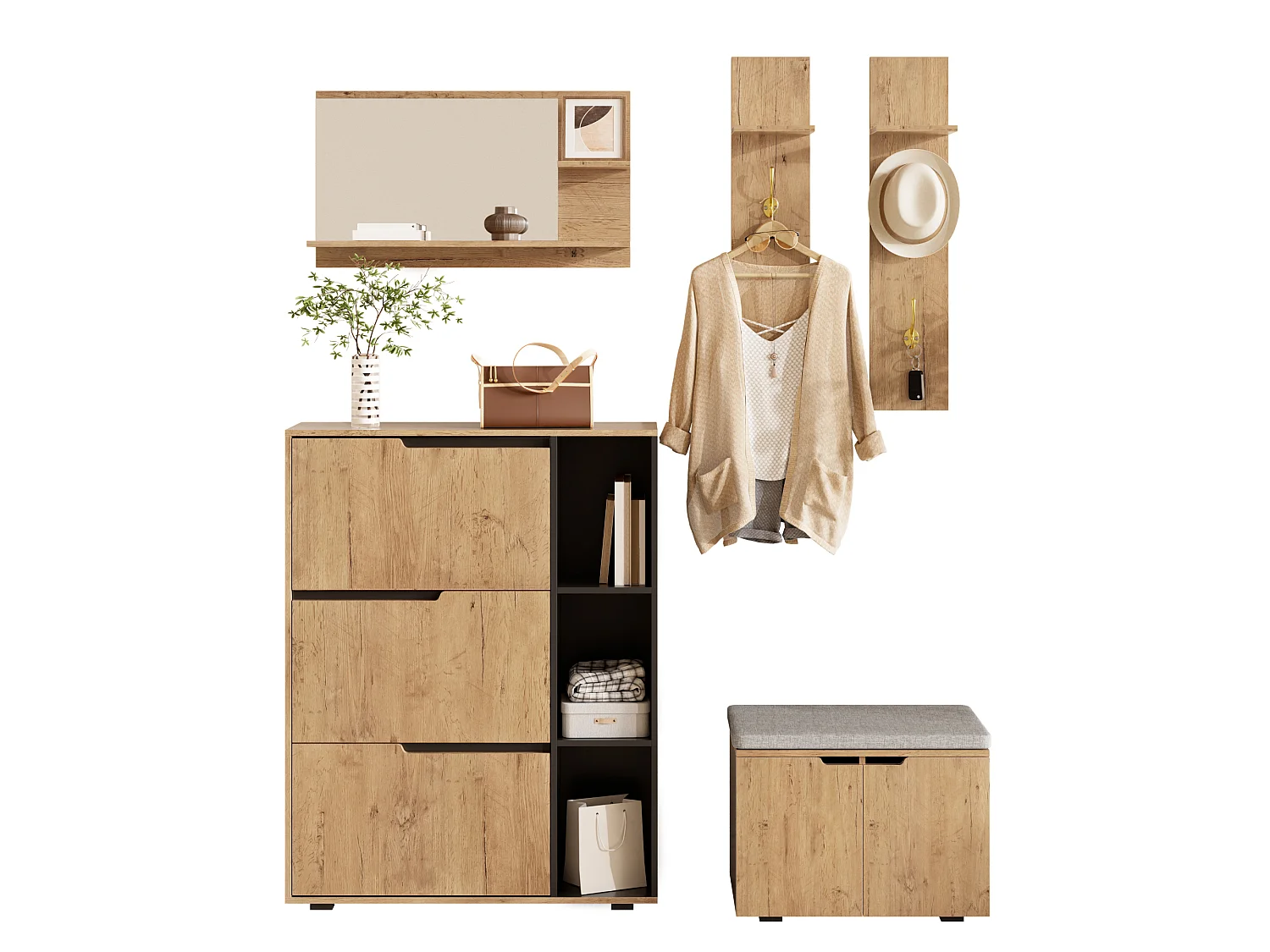 Ensemble vestiaire d'entrée 150x35x161.5cm - avec miroir et meuble à chaussures - banc à chaussures et crochet - Naturel
