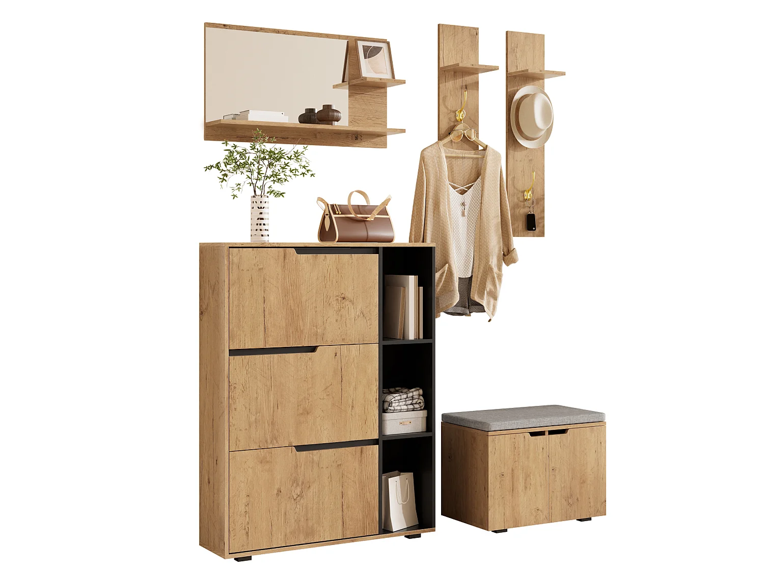 Ensemble vestiaire d'entrée 150x35x161.5cm - avec miroir et meuble à chaussures - banc à chaussures et crochet - Naturel