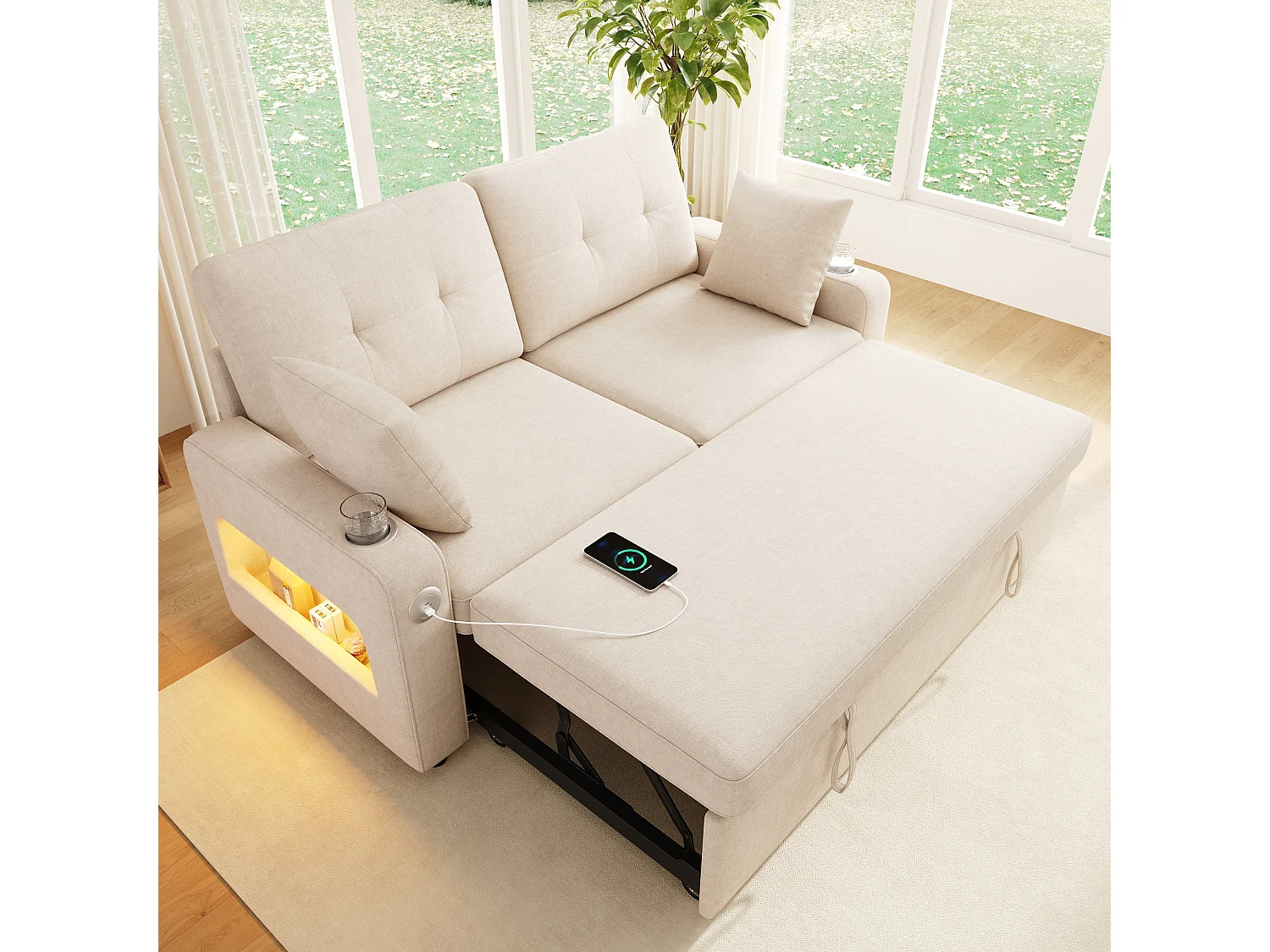 Canapé convertible 2 places - avec fonction sommeil - avec éclairage LED, port de chargement USB/Type-C et porte-gobelet - 2 coussins - Beige