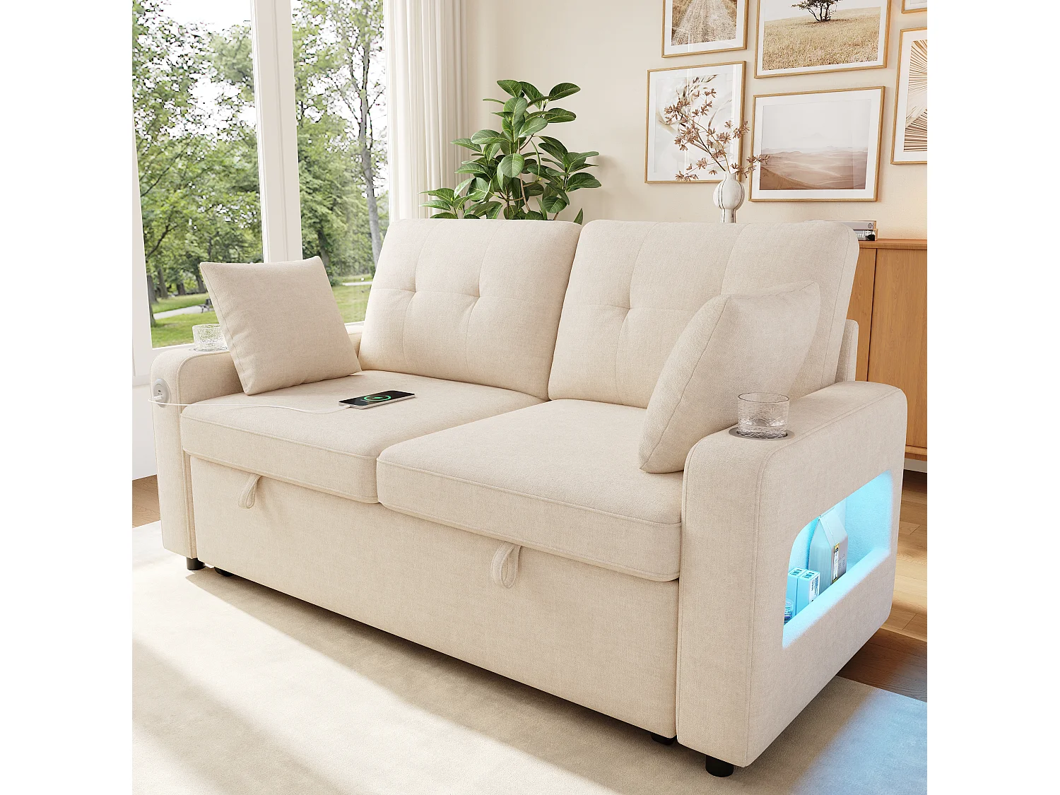 Canapé convertible 2 places - avec fonction sommeil - avec éclairage LED, port de chargement USB/Type-C et porte-gobelet - 2 coussins - Beige