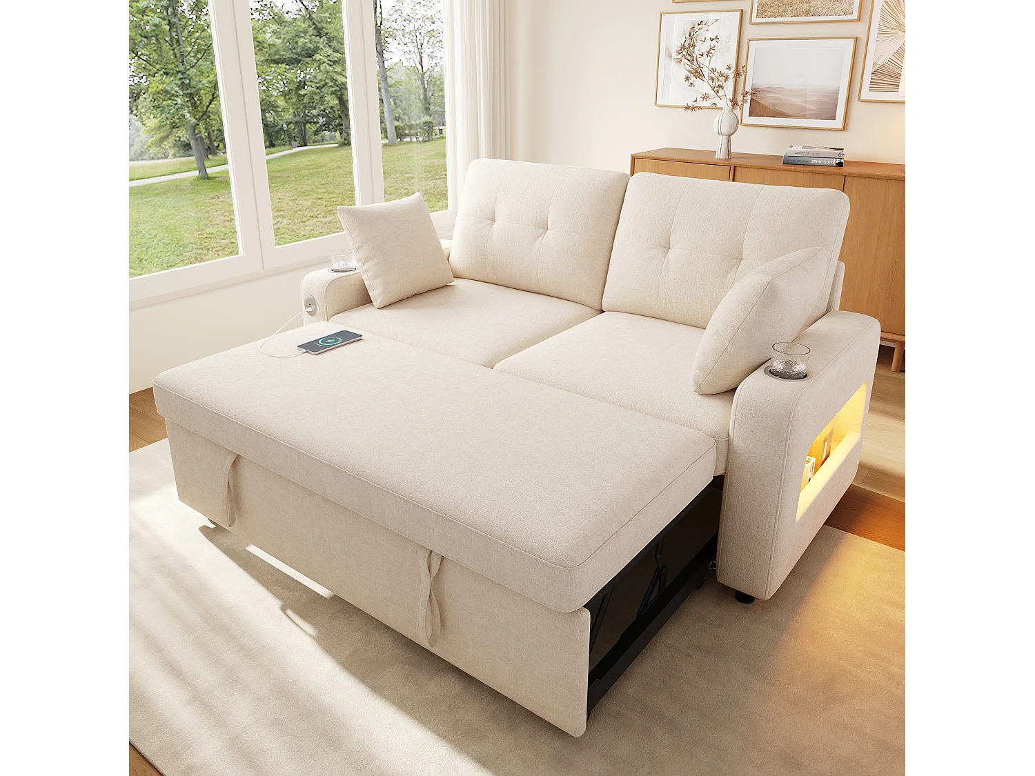 Canapé convertible 2 places - avec fonction sommeil - avec éclairage LED, port de chargement USB/Type-C et porte-gobelet - 2 coussins - Beige