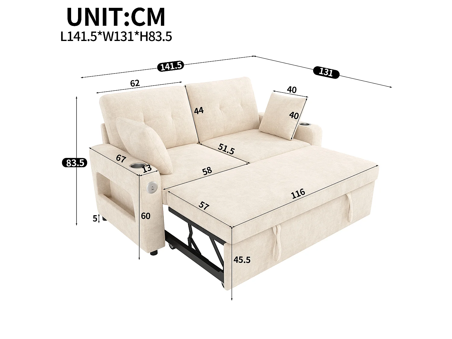 Canapé convertible 2 places - avec fonction sommeil - avec éclairage LED, port de chargement USB/Type-C et porte-gobelet - 2 coussins - Beige
