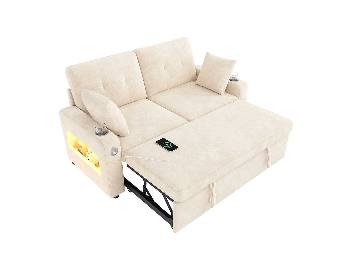 Canapé convertible 2 places - avec fonction sommeil - avec éclairage LED, port de chargement USB/Type-C et porte-gobelet - 2 coussins - Beige