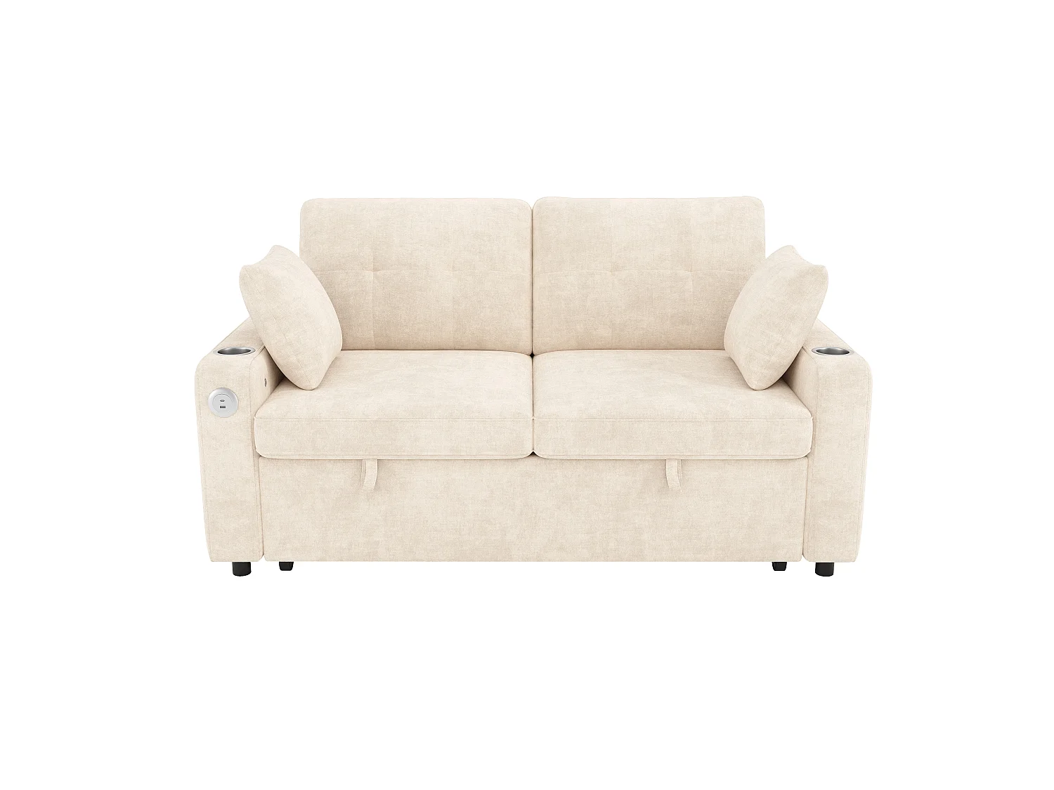 Canapé convertible 2 places - avec fonction sommeil - avec éclairage LED, port de chargement USB/Type-C et porte-gobelet - 2 coussins - Beige
