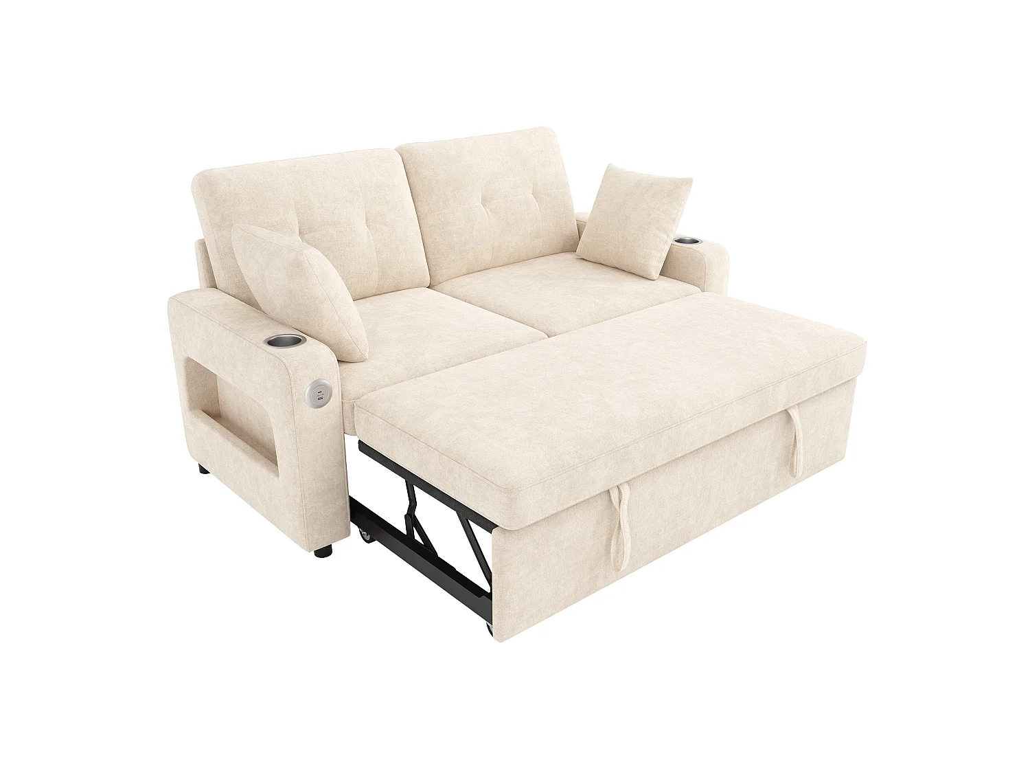 Canapé convertible 2 places - avec fonction sommeil - avec éclairage LED, port de chargement USB/Type-C et porte-gobelet - 2 coussins - Beige