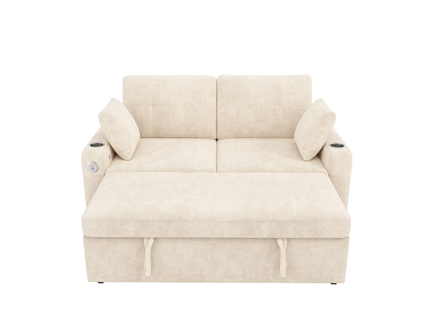 Canapé convertible 2 places - avec fonction sommeil - avec éclairage LED, port de chargement USB/Type-C et porte-gobelet - 2 coussins - Beige