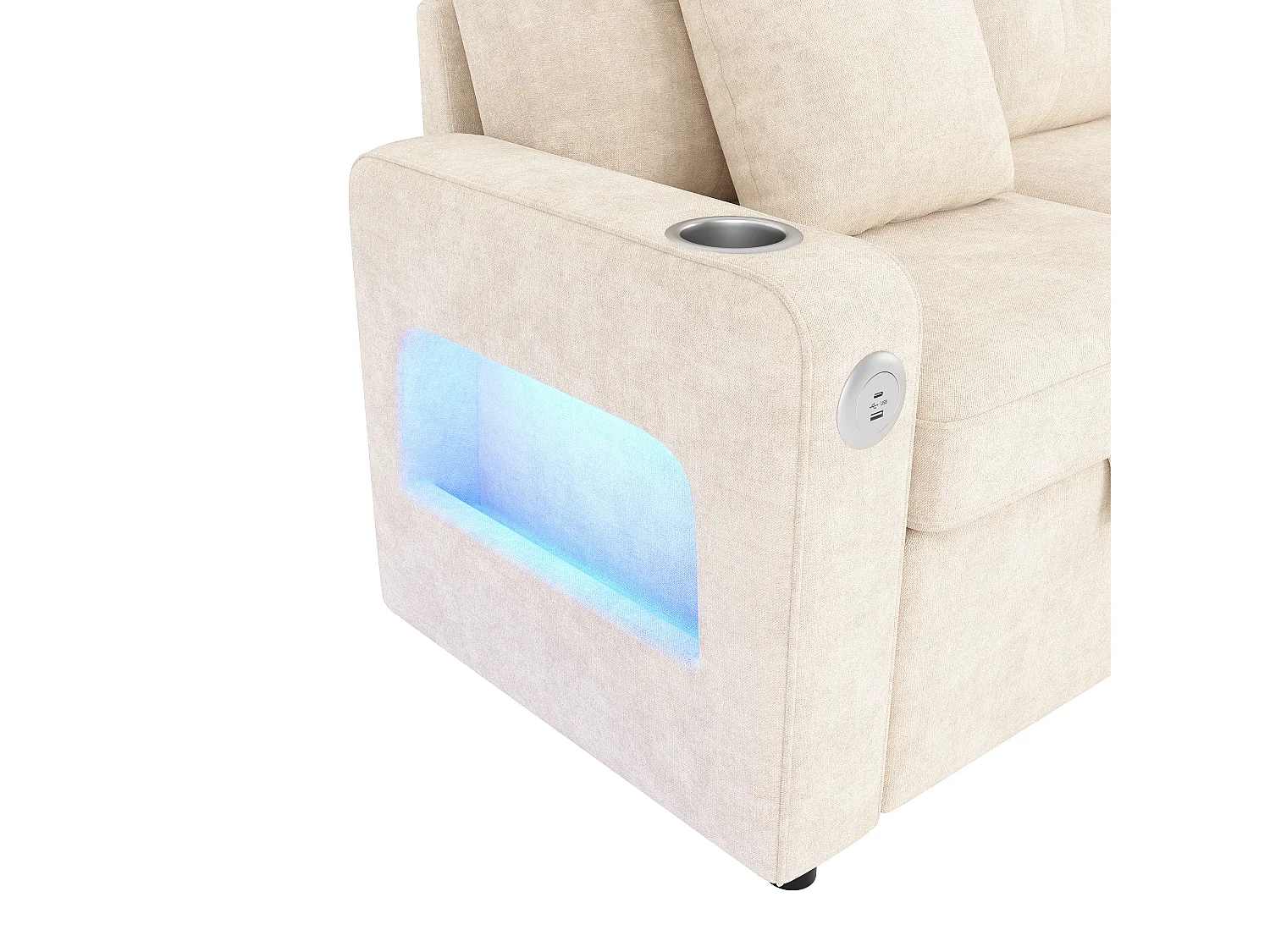 Canapé convertible 2 places - avec fonction sommeil - avec éclairage LED, port de chargement USB/Type-C et porte-gobelet - 2 coussins - Beige
