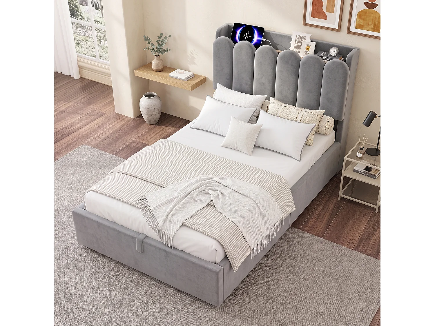 Kinderbett mit Stauraum 90x200 cm - Gepolstertes Kopfteil - USB und Typ-C, Leselampe - Samt - Grau (ohne Matratze)