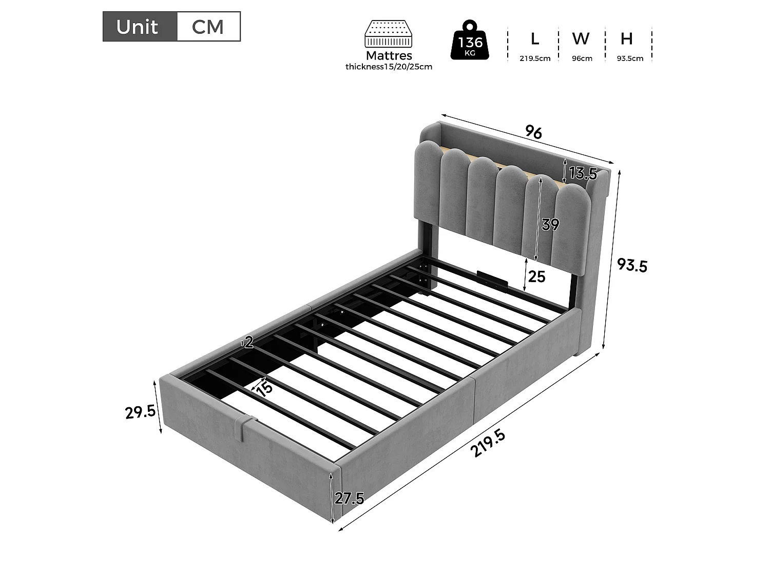 Kinderbett mit Stauraum 90x200 cm - Gepolstertes Kopfteil - USB und Typ-C, Leselampe - Samt - Grau (ohne Matratze)