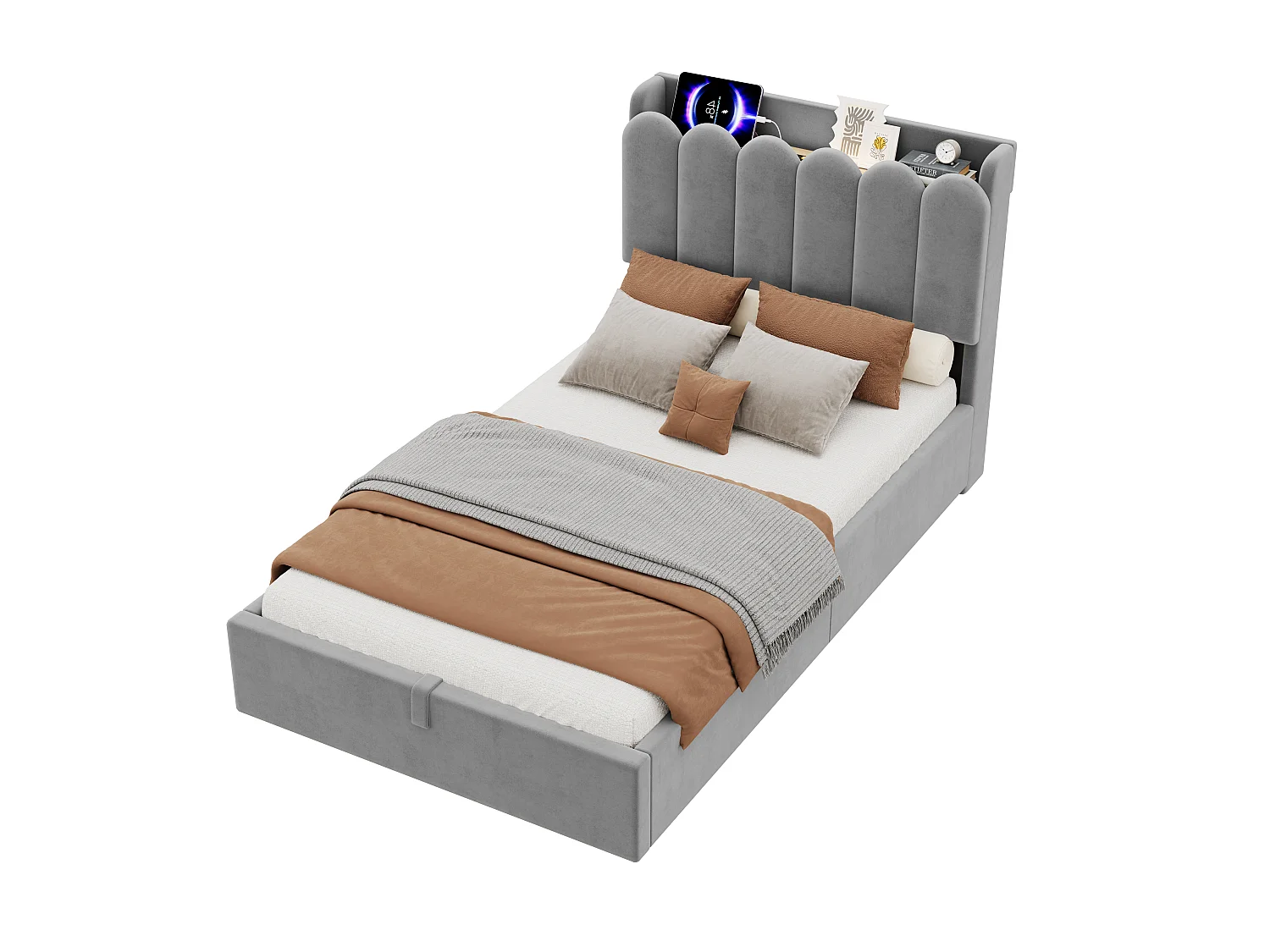 Kinderbett mit Stauraum 90x200 cm - Gepolstertes Kopfteil - USB und Typ-C, Leselampe - Samt - Grau (ohne Matratze)