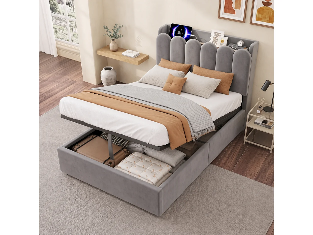 Kinderbett mit Stauraum 90x200 cm - Gepolstertes Kopfteil - USB und Typ-C, Leselampe - Samt - Grau (ohne Matratze)