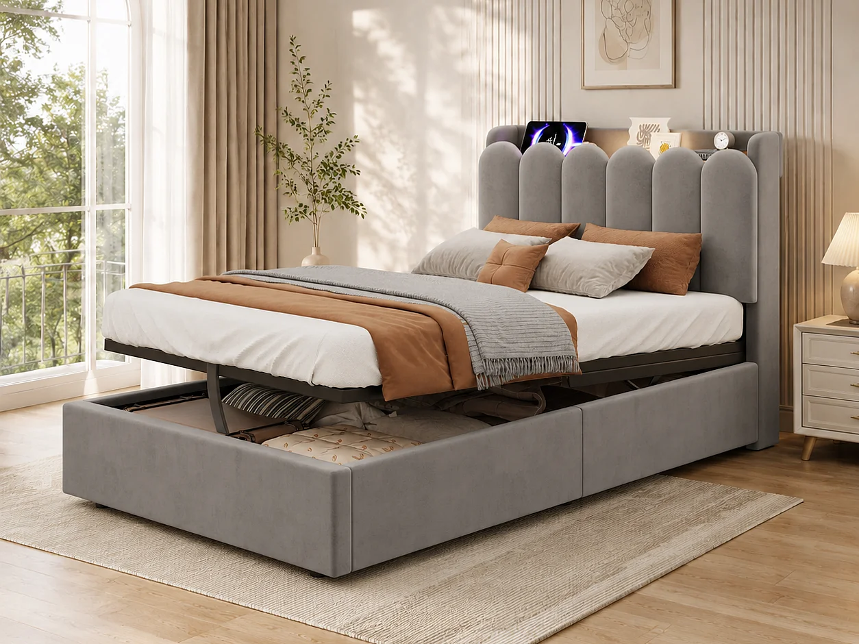 Kinderbett mit Stauraum 90x200 cm - Gepolstertes Kopfteil - USB und Typ-C, Leselampe - Samt - Grau (ohne Matratze)