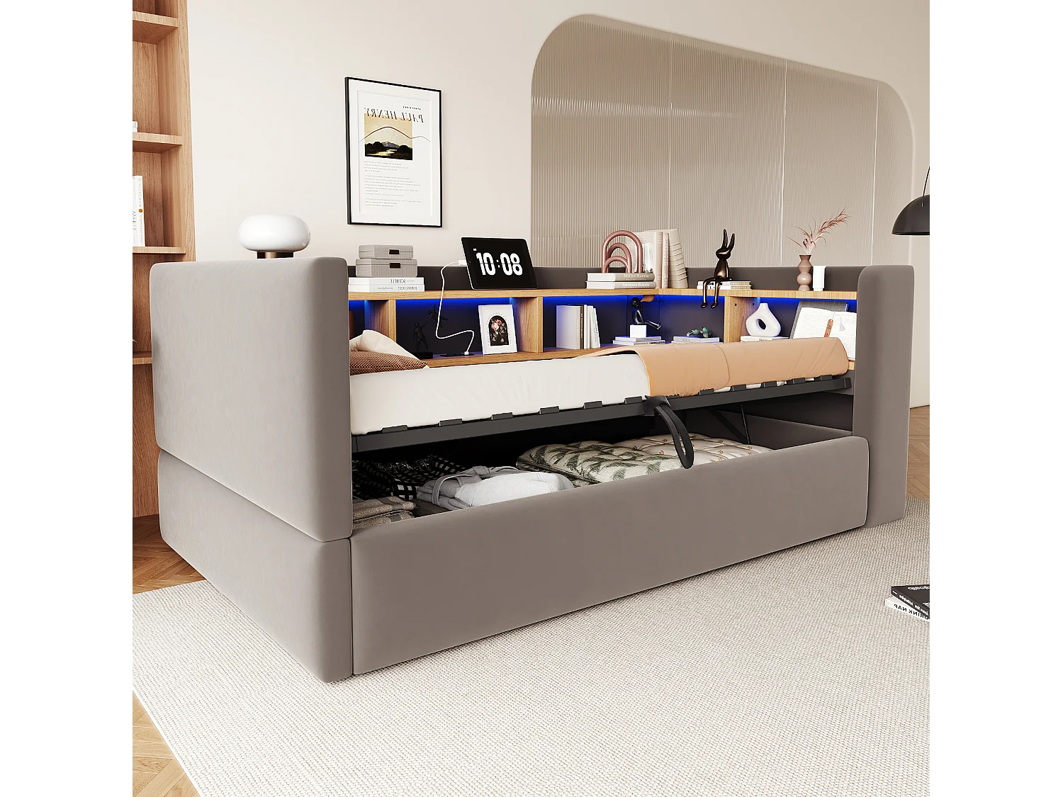 90 x 190 cm storage bed with LED lighting, electrical outlets and compartments - Flannel + metal + MDF - Dark grey (Mattress not included)