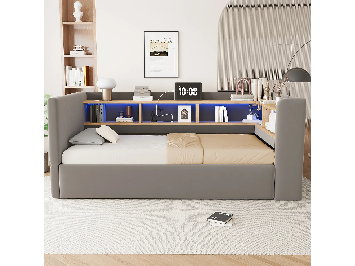 90 x 190 cm storage bed with LED lighting, electrical outlets and compartments - Flannel + metal + MDF - Dark grey (Mattress not included)