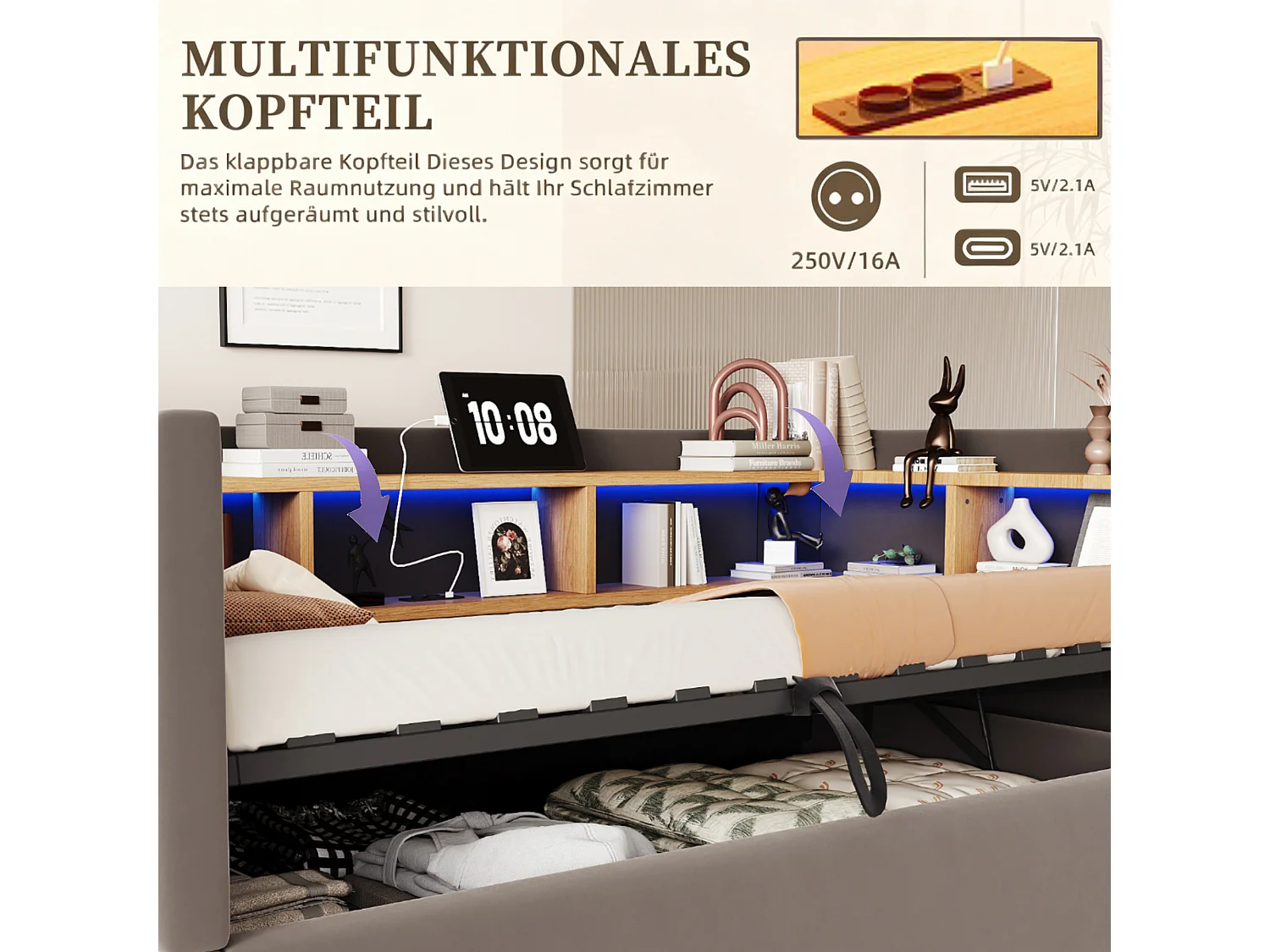 90 x 190 cm storage bed with LED lighting, electrical outlets and compartments - Flannel + metal + MDF - Dark grey (Mattress not included)