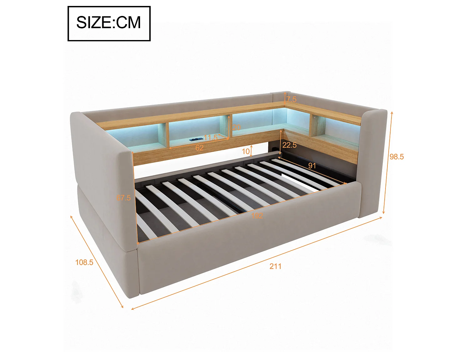 90 x 190 cm storage bed with LED lighting, electrical outlets and compartments - Flannel + metal + MDF - Dark grey (Mattress not included)