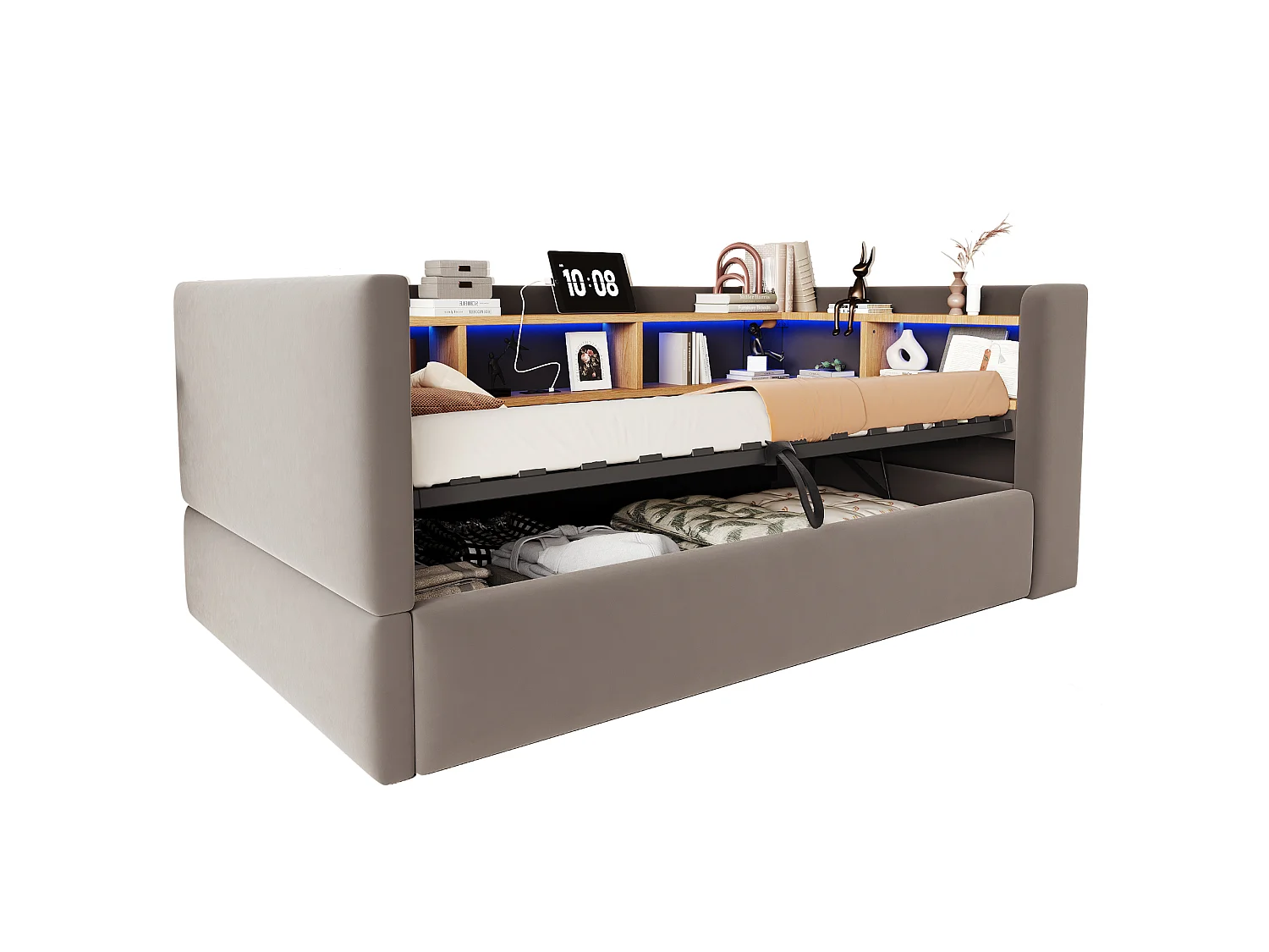 90 x 190 cm storage bed with LED lighting, electrical outlets and compartments - Flannel + metal + MDF - Dark grey (Mattress not included)