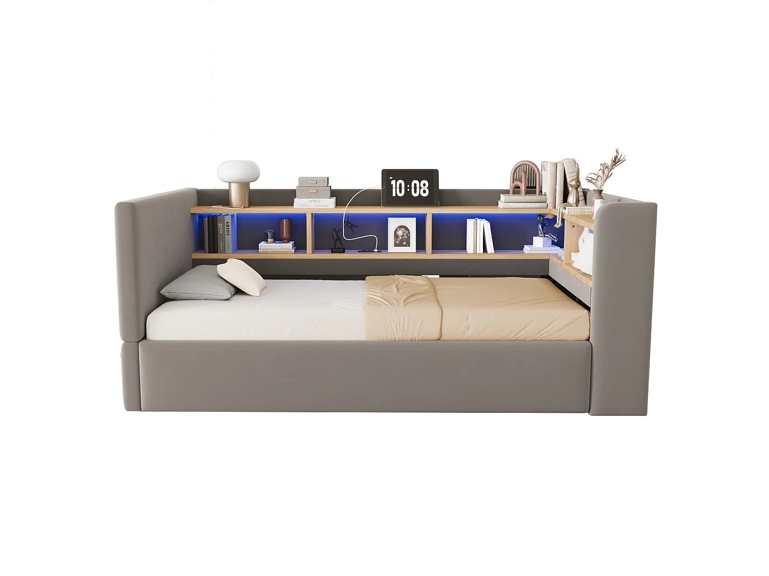 90 x 190 cm storage bed with LED lighting, electrical outlets and compartments - Flannel + metal + MDF - Dark grey (Mattress not included)