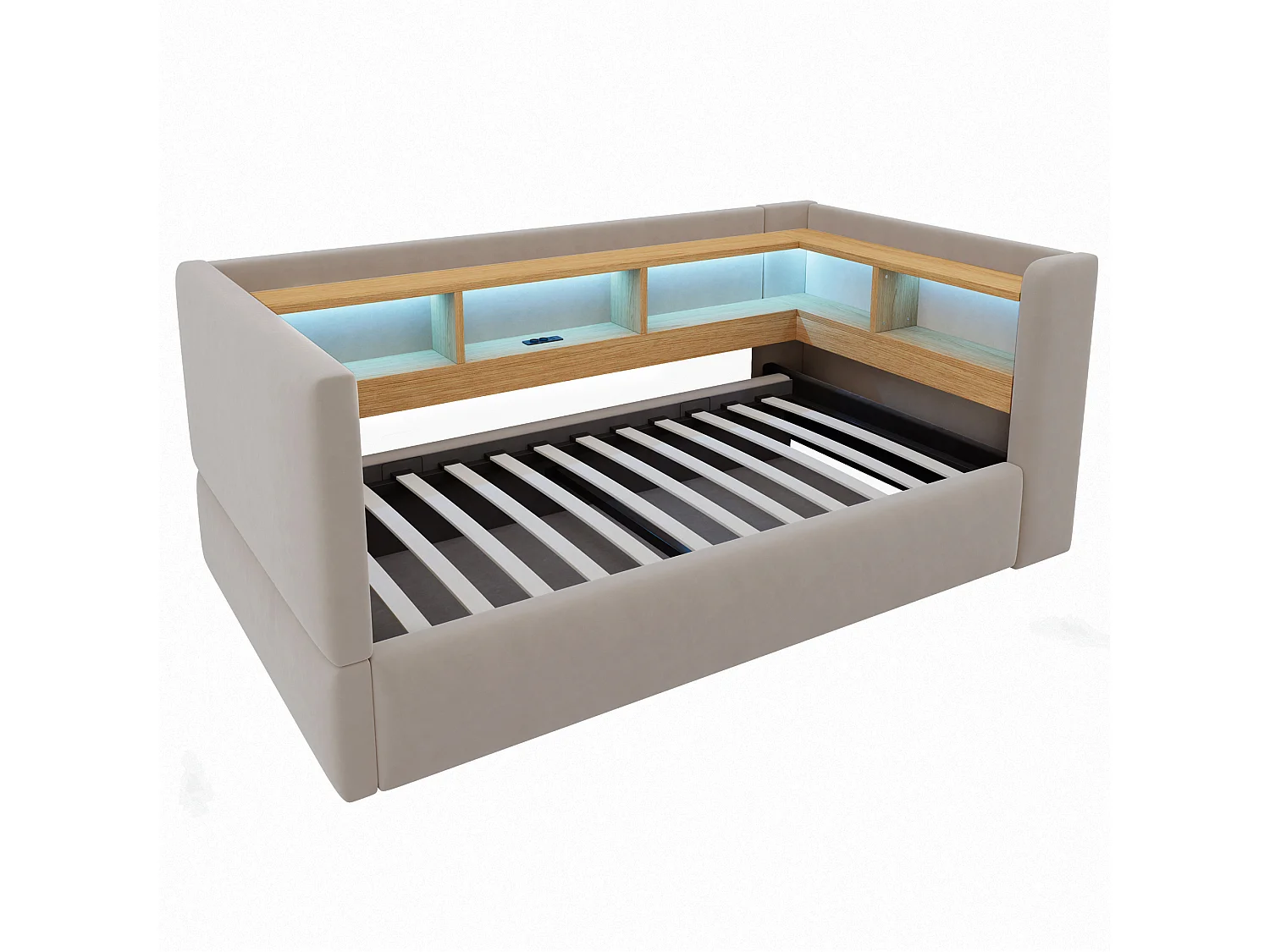 90 x 190 cm storage bed with LED lighting, electrical outlets and compartments - Flannel + metal + MDF - Dark grey (Mattress not included)