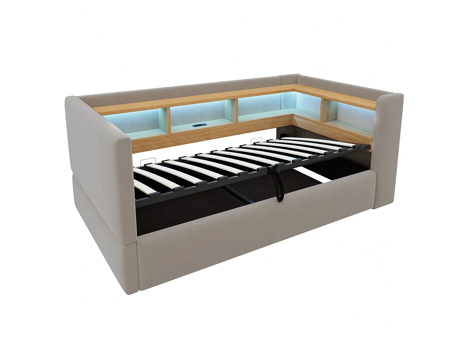 90 x 190 cm storage bed with LED lighting, electrical outlets and compartments - Flannel + metal + MDF - Dark grey (Mattress not included)