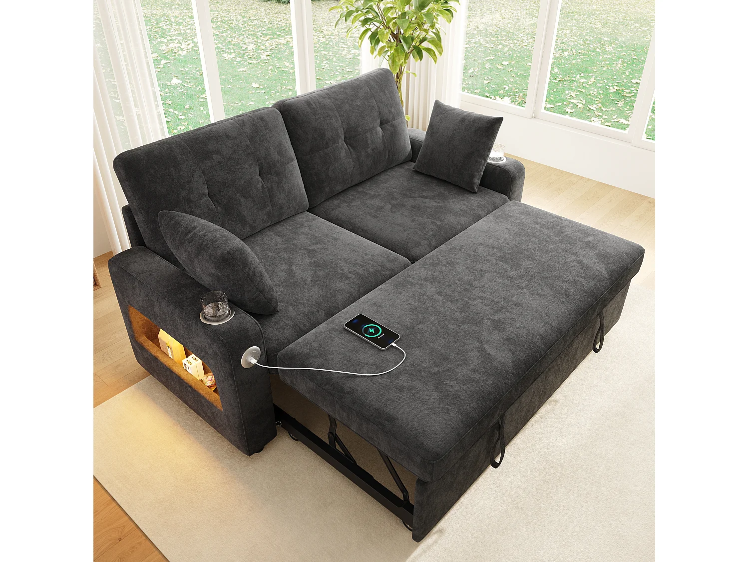 Canapé convertible 2 places - avec fonction sommeil - avec éclairage LED, port de chargement USB/Type-C et porte-gobelet - 2 coussins - Gris