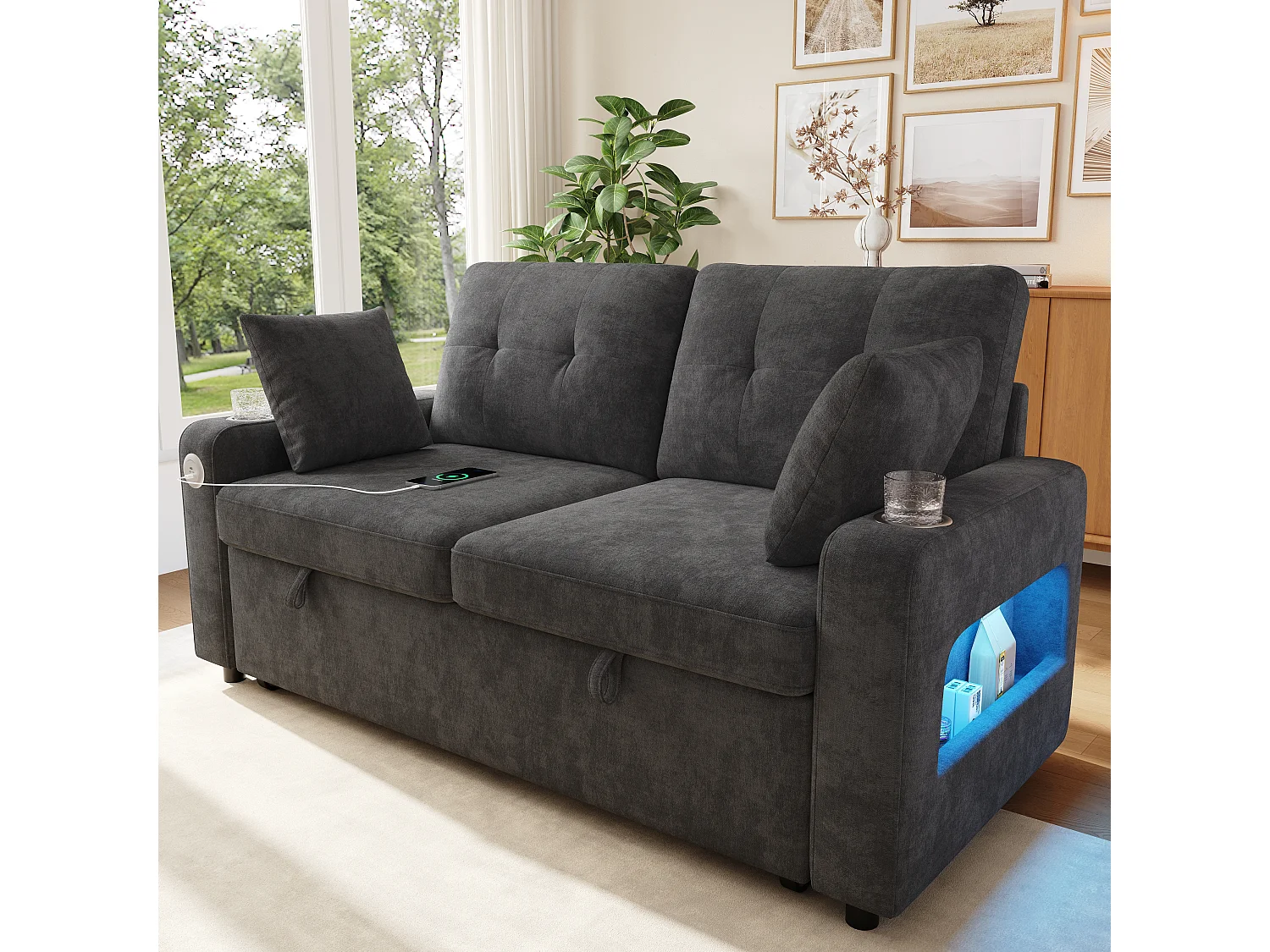 Canapé convertible 2 places - avec fonction sommeil - avec éclairage LED, port de chargement USB/Type-C et porte-gobelet - 2 coussins - Gris