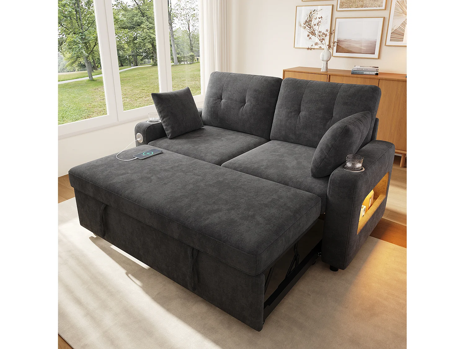 Canapé convertible 2 places - avec fonction sommeil - avec éclairage LED, port de chargement USB/Type-C et porte-gobelet - 2 coussins - Gris