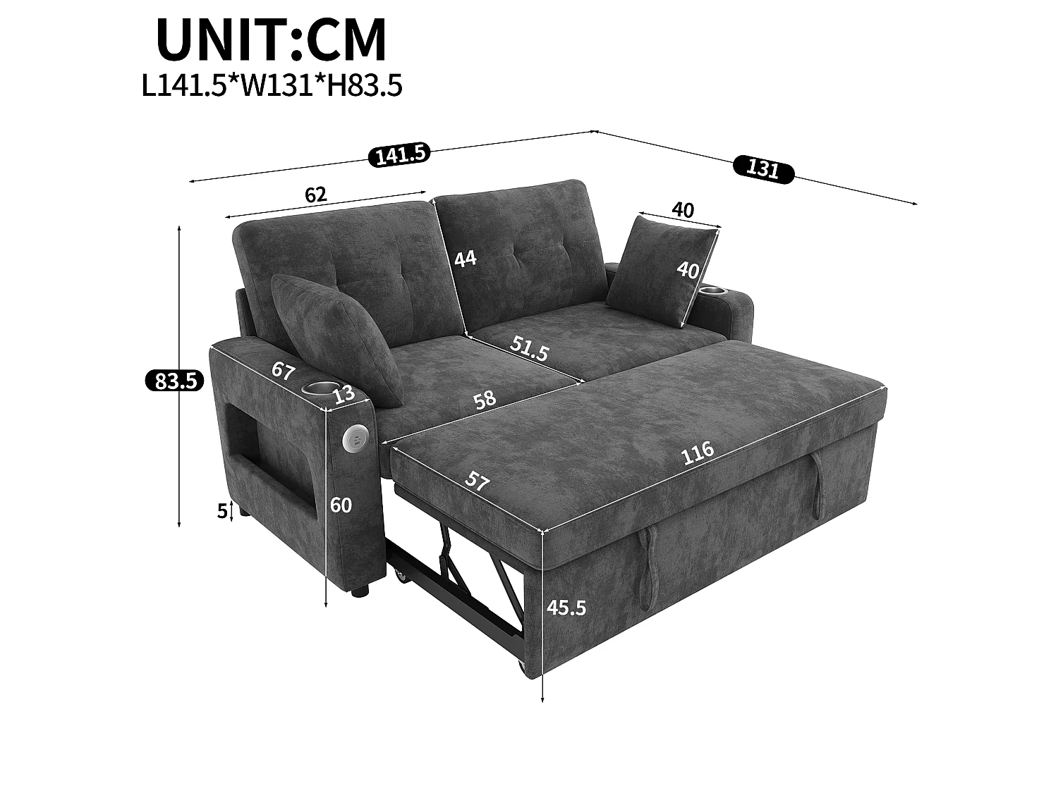 Canapé convertible 2 places - avec fonction sommeil - avec éclairage LED, port de chargement USB/Type-C et porte-gobelet - 2 coussins - Gris