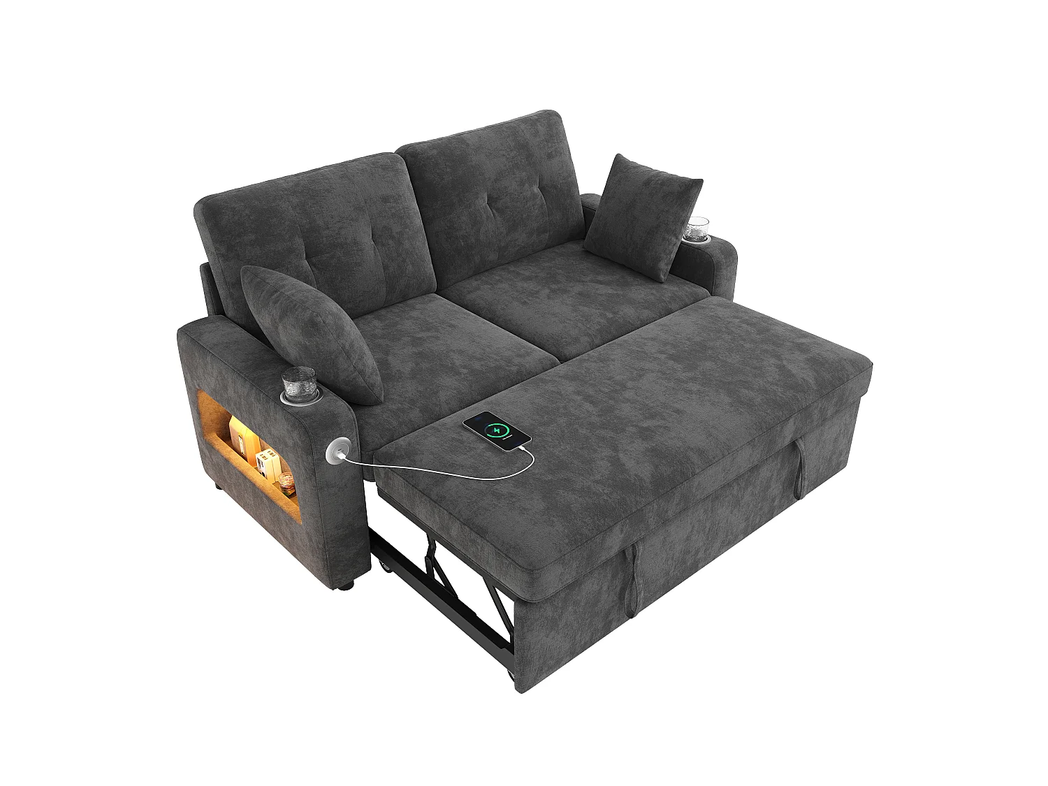 Canapé convertible 2 places - avec fonction sommeil - avec éclairage LED, port de chargement USB/Type-C et porte-gobelet - 2 coussins - Gris