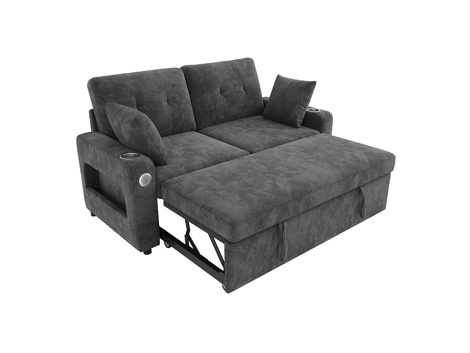 Canapé convertible 2 places - avec fonction sommeil - avec éclairage LED, port de chargement USB/Type-C et porte-gobelet - 2 coussins - Gris