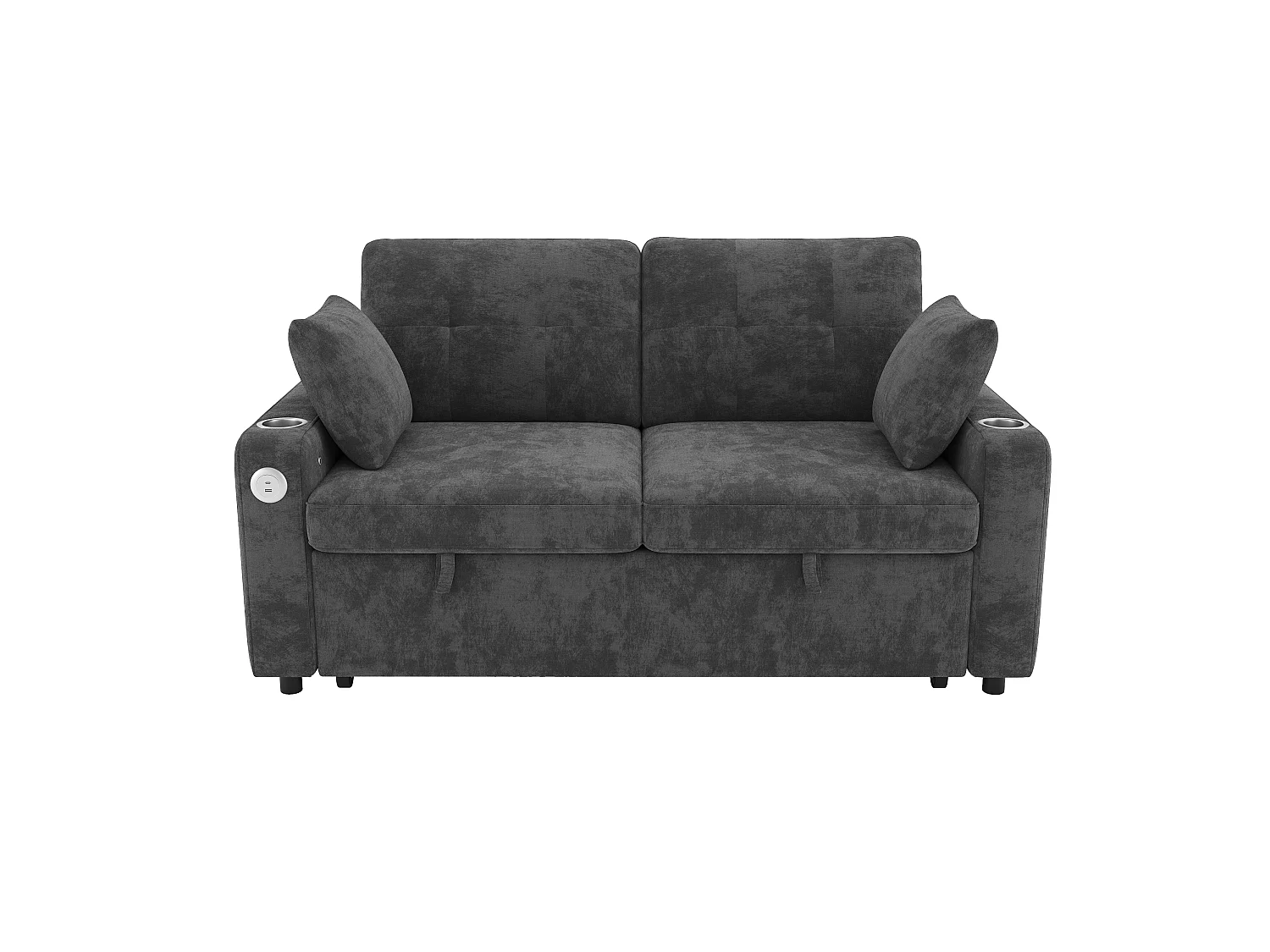 Canapé convertible 2 places - avec fonction sommeil - avec éclairage LED, port de chargement USB/Type-C et porte-gobelet - 2 coussins - Gris