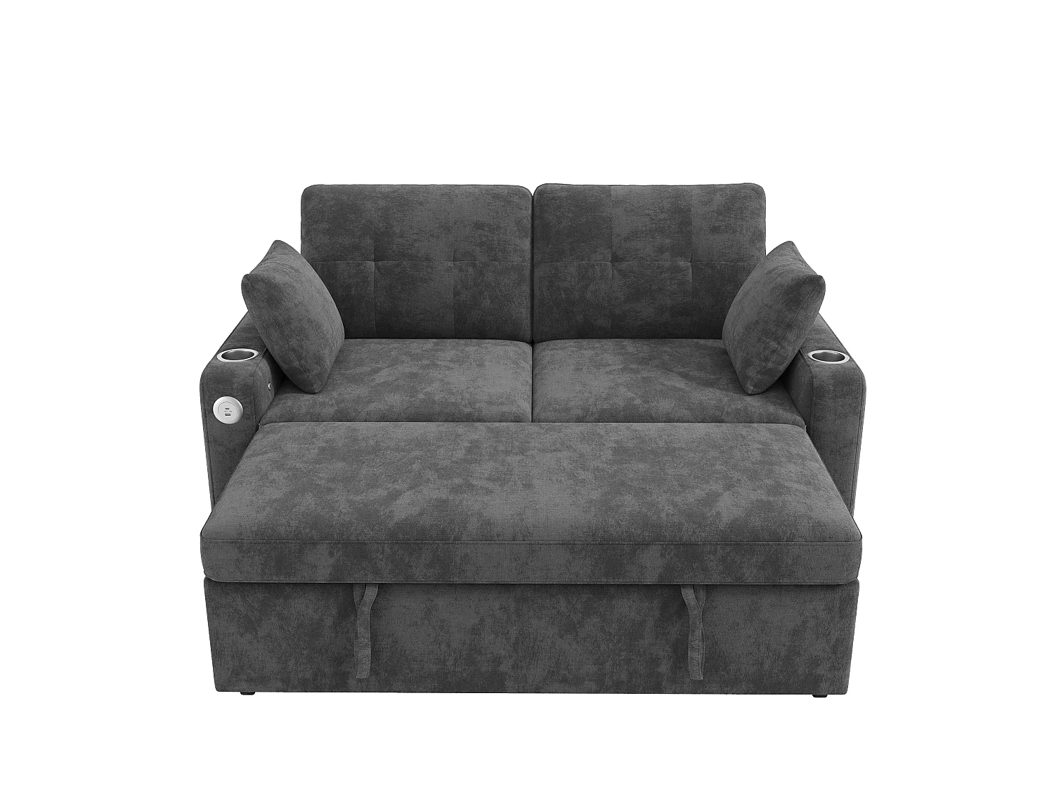 Canapé convertible 2 places - avec fonction sommeil - avec éclairage LED, port de chargement USB/Type-C et porte-gobelet - 2 coussins - Gris