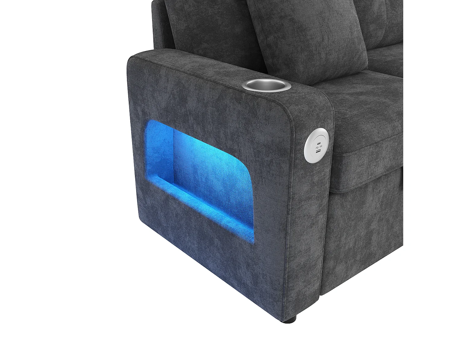 Canapé convertible 2 places - avec fonction sommeil - avec éclairage LED, port de chargement USB/Type-C et porte-gobelet - 2 coussins - Gris