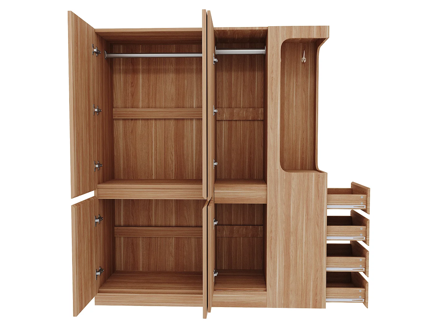 Extra stor garderob med 4 dörrar, 4 lådor och ett fack till höger - 140 x 40 x 170 cm - Furu + plywood + MDF - Träfärg