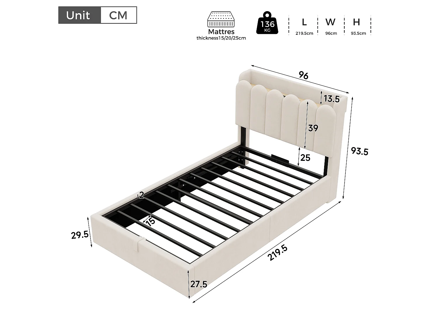 Lit coffre enfant capitonné 90x200 cm - Tête de lit capitonnée - USB et Type-C, lampe de lecture - Velours - Beige (sans matelas)