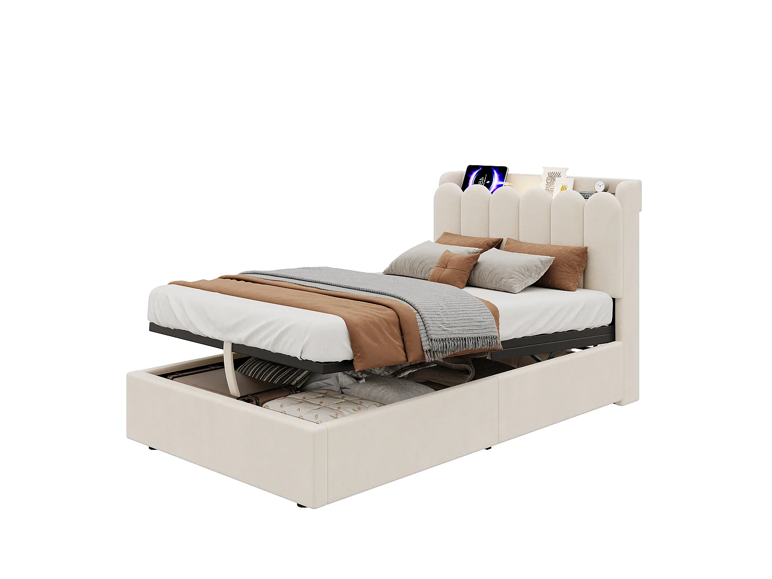 Lit coffre enfant capitonné 90x200 cm - Tête de lit capitonnée - USB et Type-C, lampe de lecture - Velours - Beige (sans matelas)