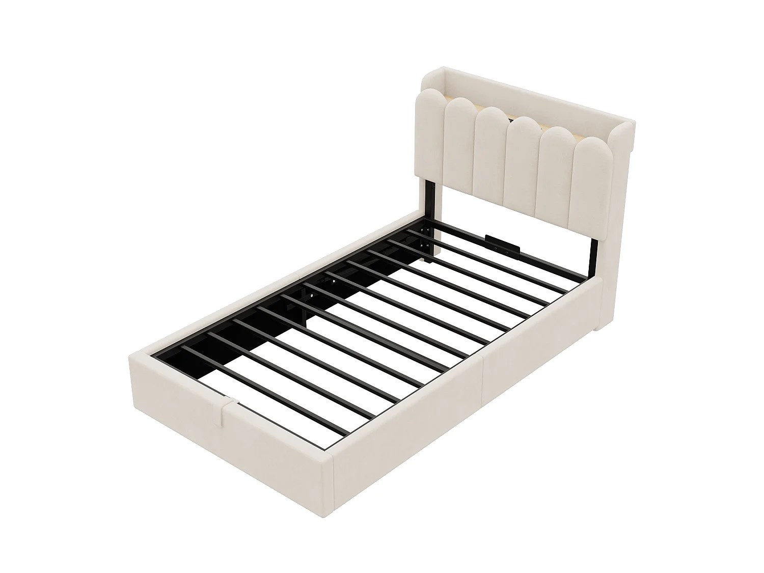 Lit coffre enfant capitonné 90x200 cm - Tête de lit capitonnée - USB et Type-C, lampe de lecture - Velours - Beige (sans matelas)