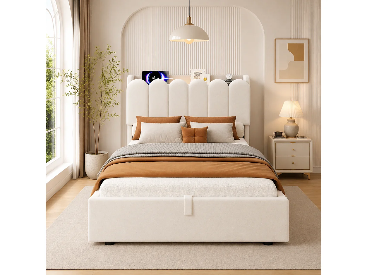 Lit coffre enfant capitonné 90x200 cm - Tête de lit capitonnée - USB et Type-C, lampe de lecture - Velours - Beige (sans matelas)