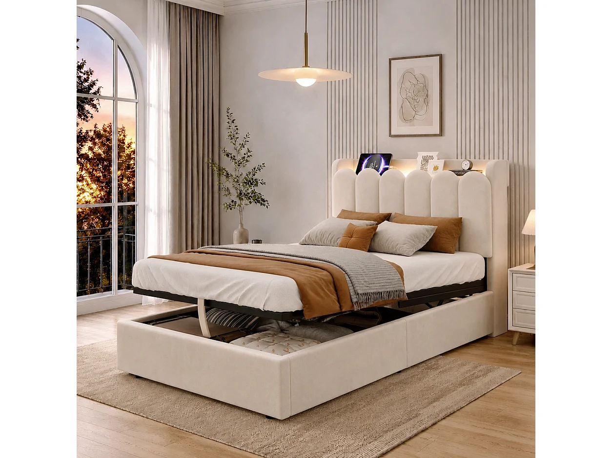 Lit coffre enfant capitonné 90x200 cm - Tête de lit capitonnée - USB et Type-C, lampe de lecture - Velours - Beige (sans matelas)