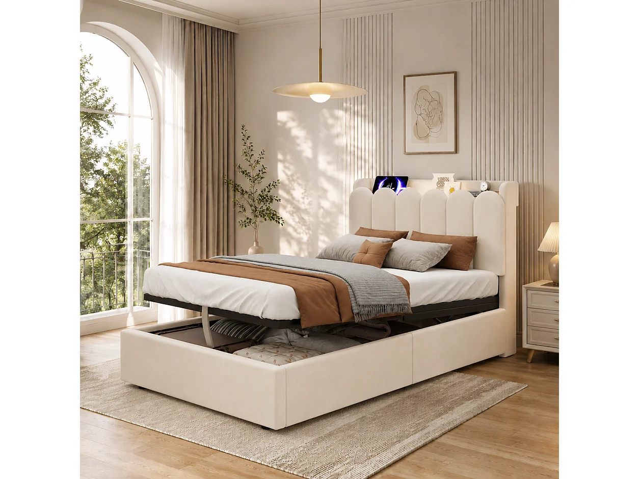 Lit coffre enfant capitonné 90x200 cm - Tête de lit capitonnée - USB et Type-C, lampe de lecture - Velours - Beige (sans matelas)