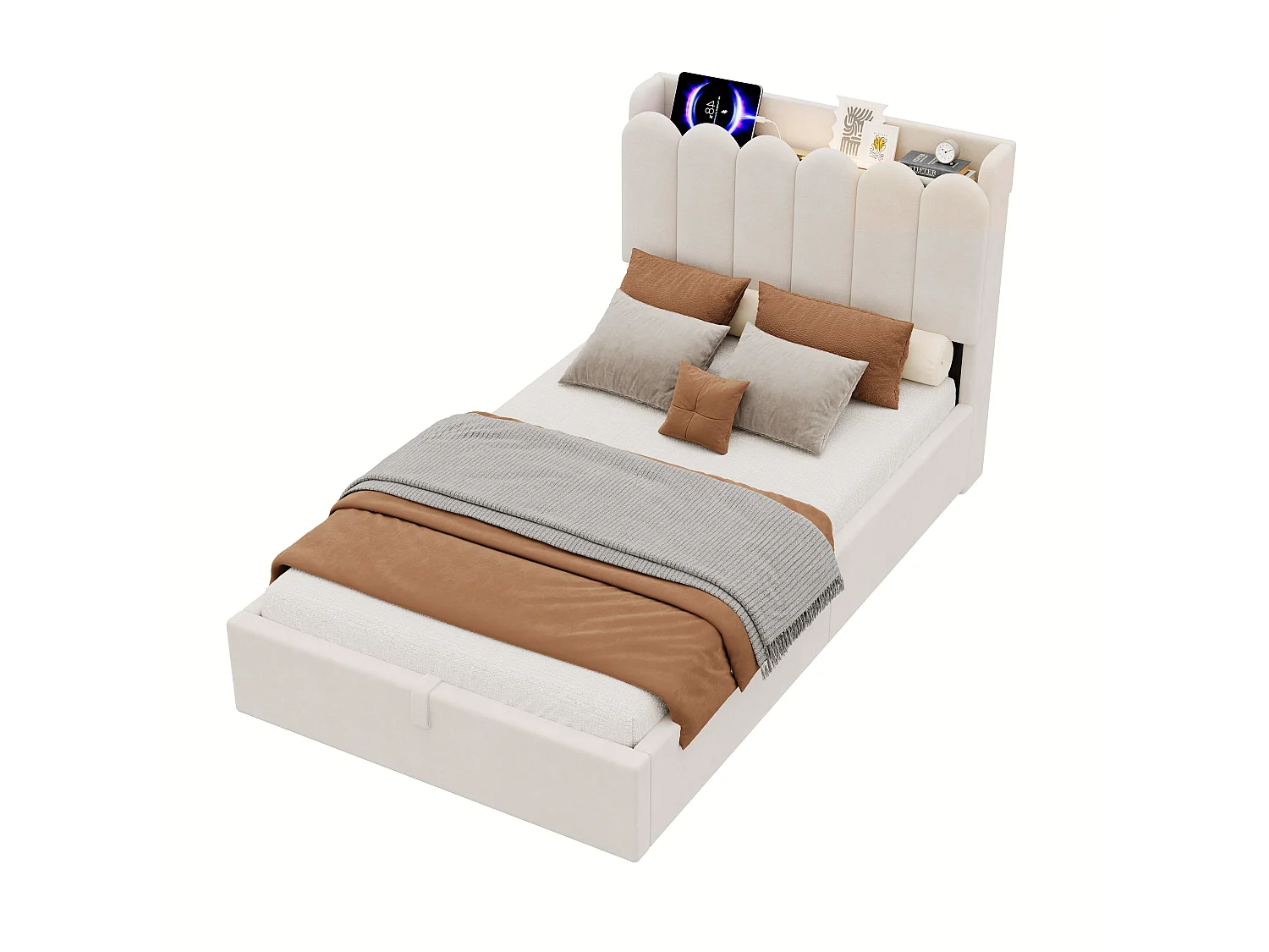 Lit coffre enfant capitonné 90x200 cm - Tête de lit capitonnée - USB et Type-C, lampe de lecture - Velours - Beige (sans matelas)